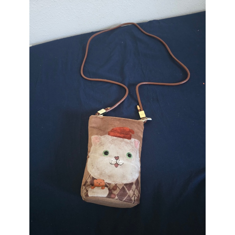 Cute Cat Face Small Crossbody Phone Bag Purse Tan Orange Hat Teddy Bear Accent